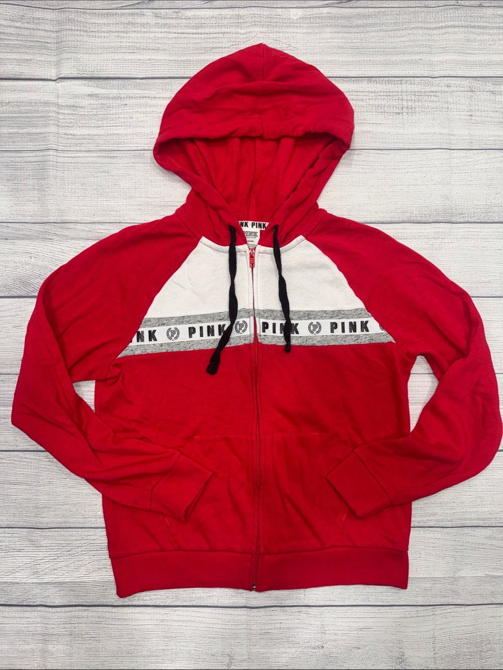 PINK Victoria's Secret Red Zip-Up Hoodie with White Chest Panel